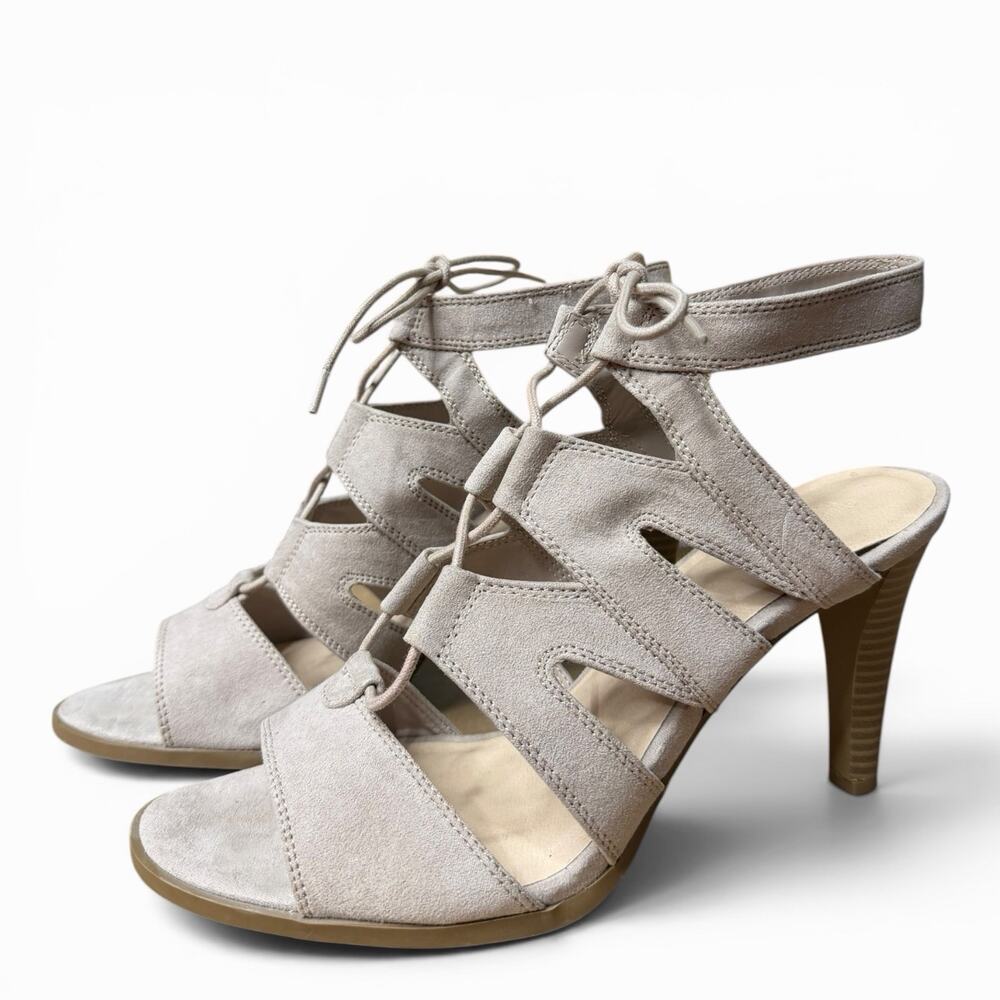 Vera Wang Sandal Heels Strappy Faux Suede Stiletto Taupe Formal Business Sz 10 - Picture 3 of 14